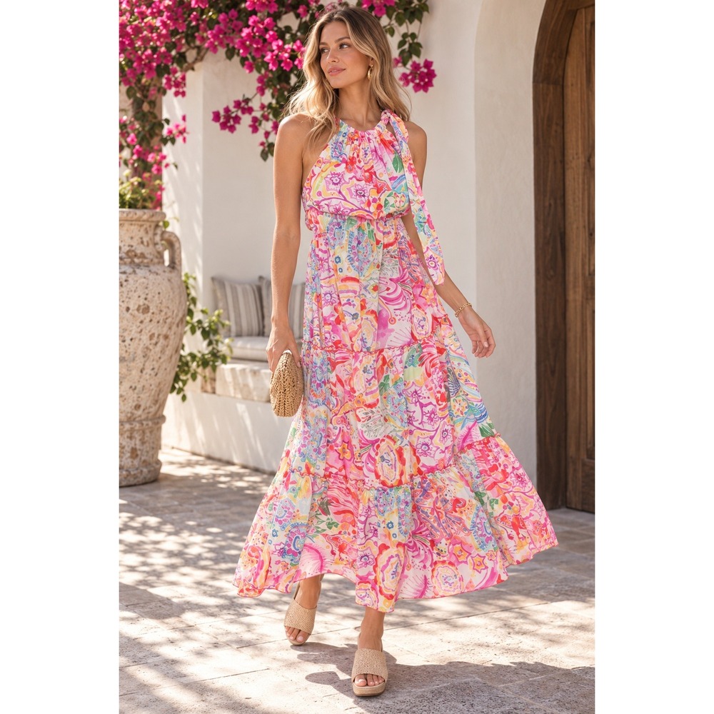 Vilagallo Dress Womens Small Pink Cylia Floral Boho Summer Festival Maxi